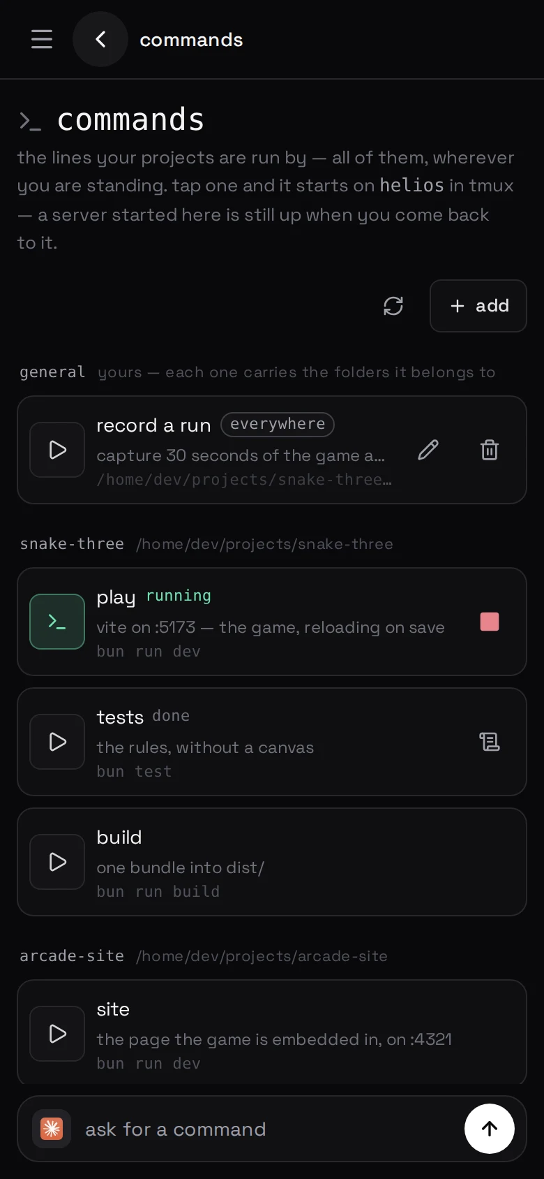 the commands screen — the lines this project is run by, one button each