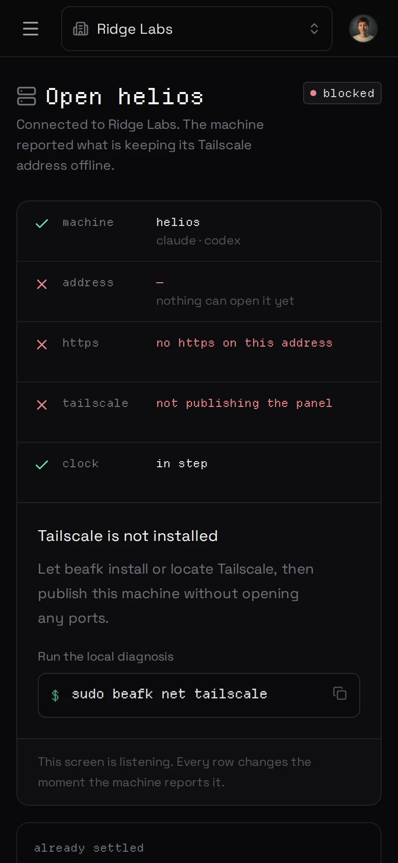 Tailscale is not installed — sudo beafk net tailscale, then the login