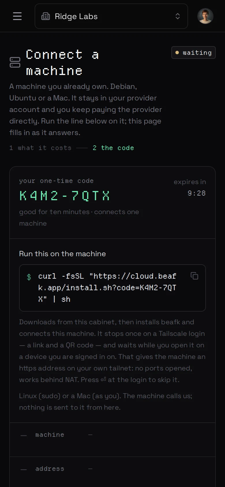 a connect code, the countdown beside it, and the one line to run on the machine
