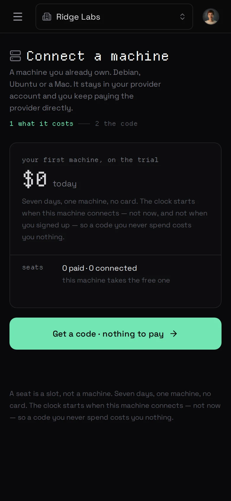 the price before anything else: the seven-day trial, nothing to pay, and one button to a code