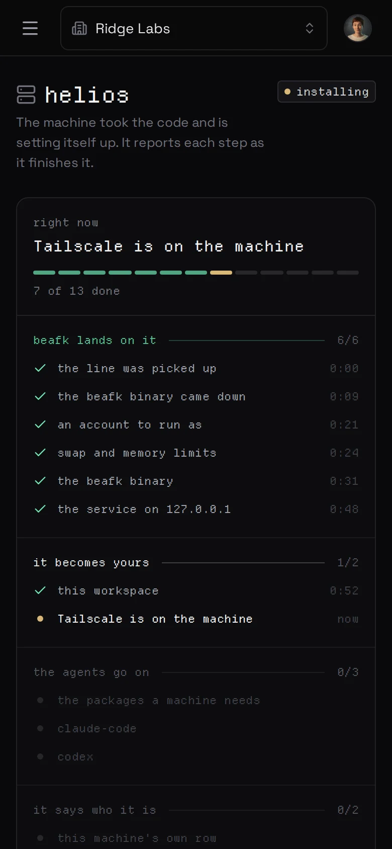 the install as four named parts, current step Tailscale is on the machine, Open waiting on an address