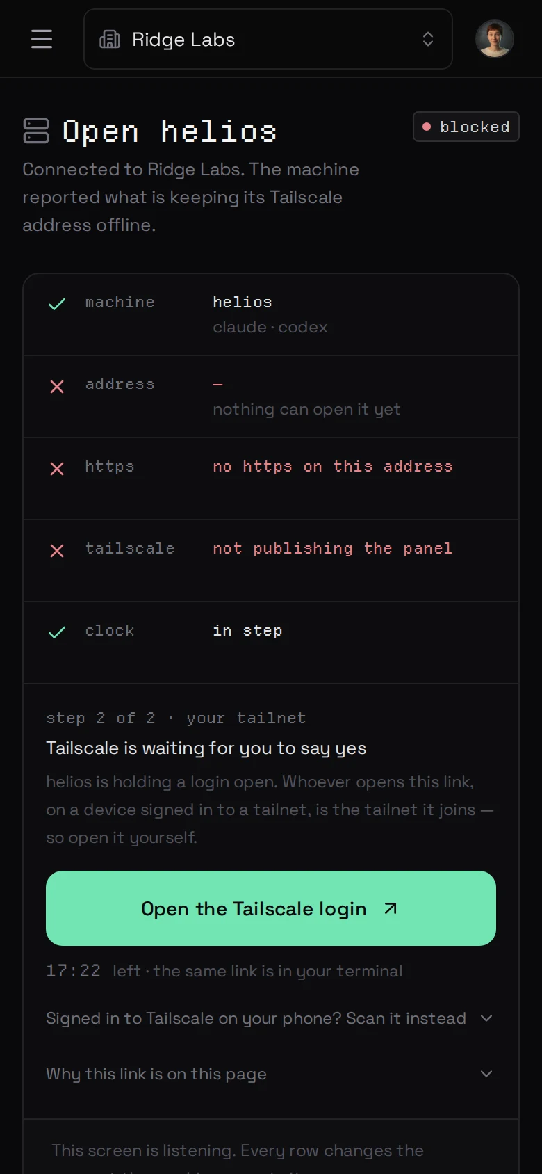 Tailscale waiting for a yes — the same login the terminal printed, as a press on this screen
