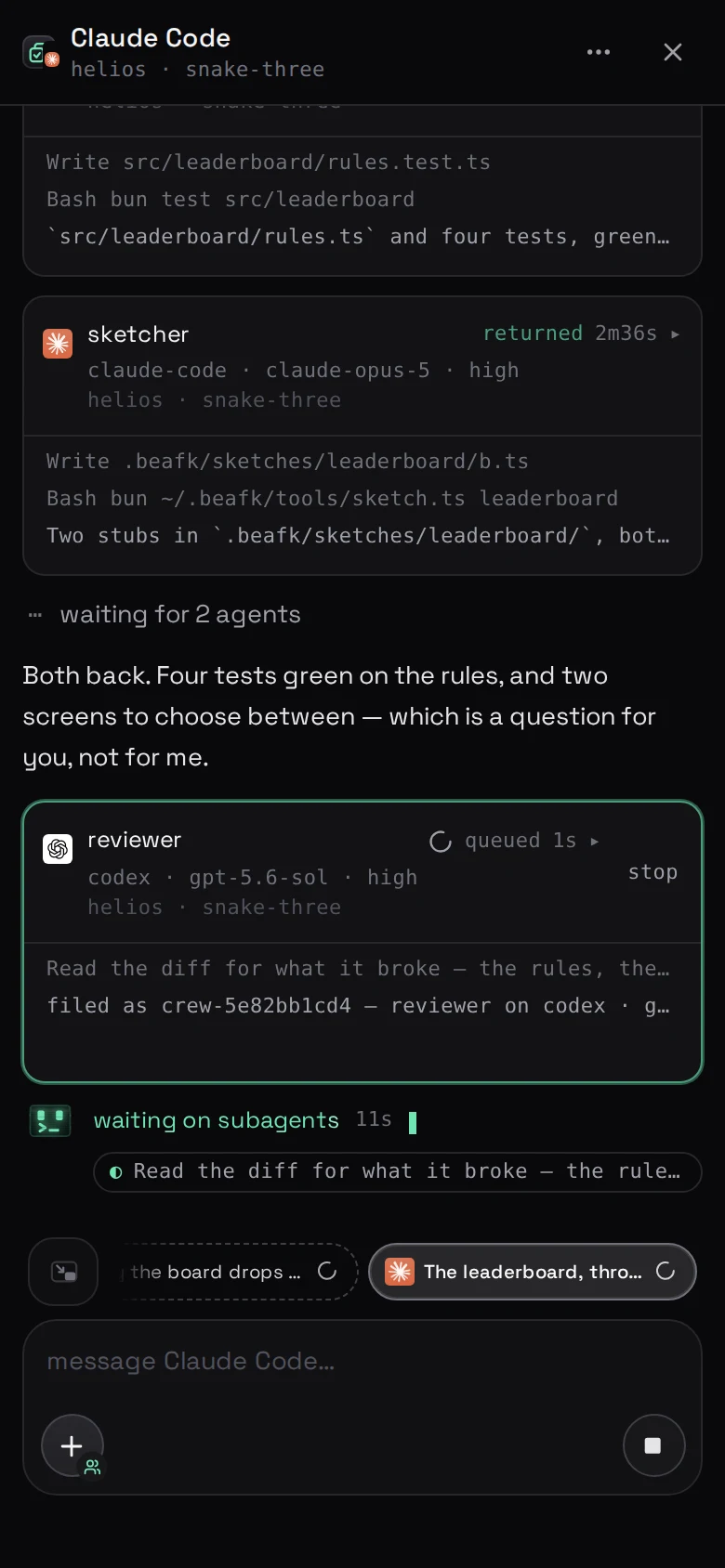 two pieces back — Grok's tests green, Claude's two screens — the lead saying what that means, and a fourth piece already filed with Codex to read the diff