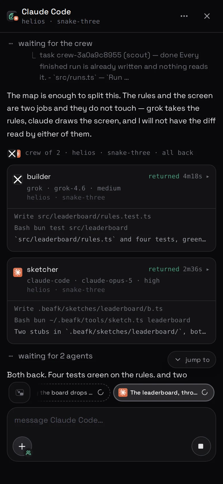 one line typed from a train, and the crew the lead split it into: the scout's map already in, Grok on the rules, Claude on the screen, both back in the same thread