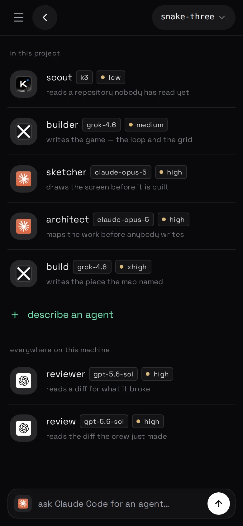 settings → crew — the roles on this machine, each with its CLI and model