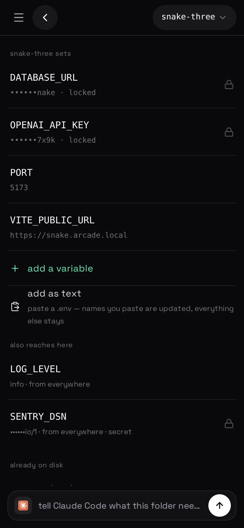 settings → variables — this folder’s values, masked, and the layer above it that also reaches here