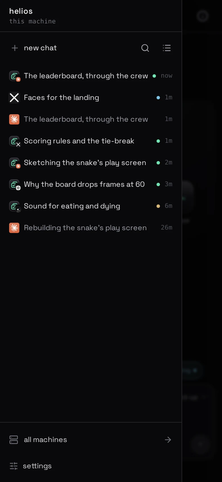 behind ☰, every chat on this machine, most recent first — the grouping sits next to search