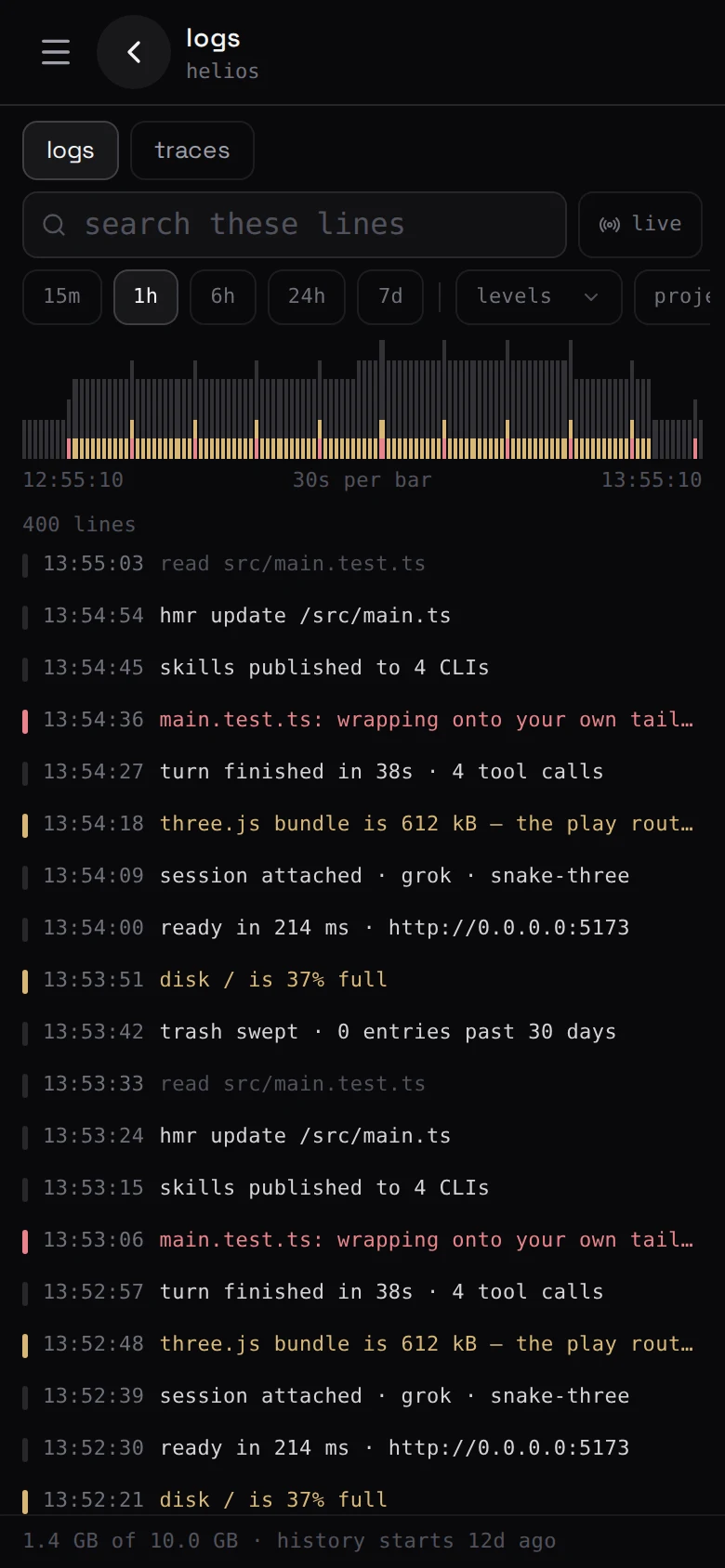 the logs screen — an hour of the machine's own record, searchable, with its store size at the foot