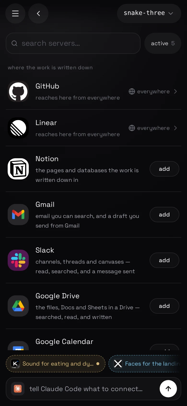 settings → MCP — the catalogue, grouped, with a couple already connected