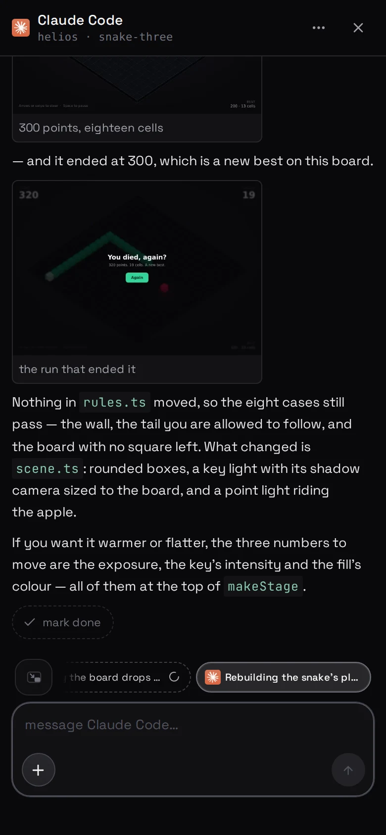 the end of an answer, with the render of the run that produced it in the thread