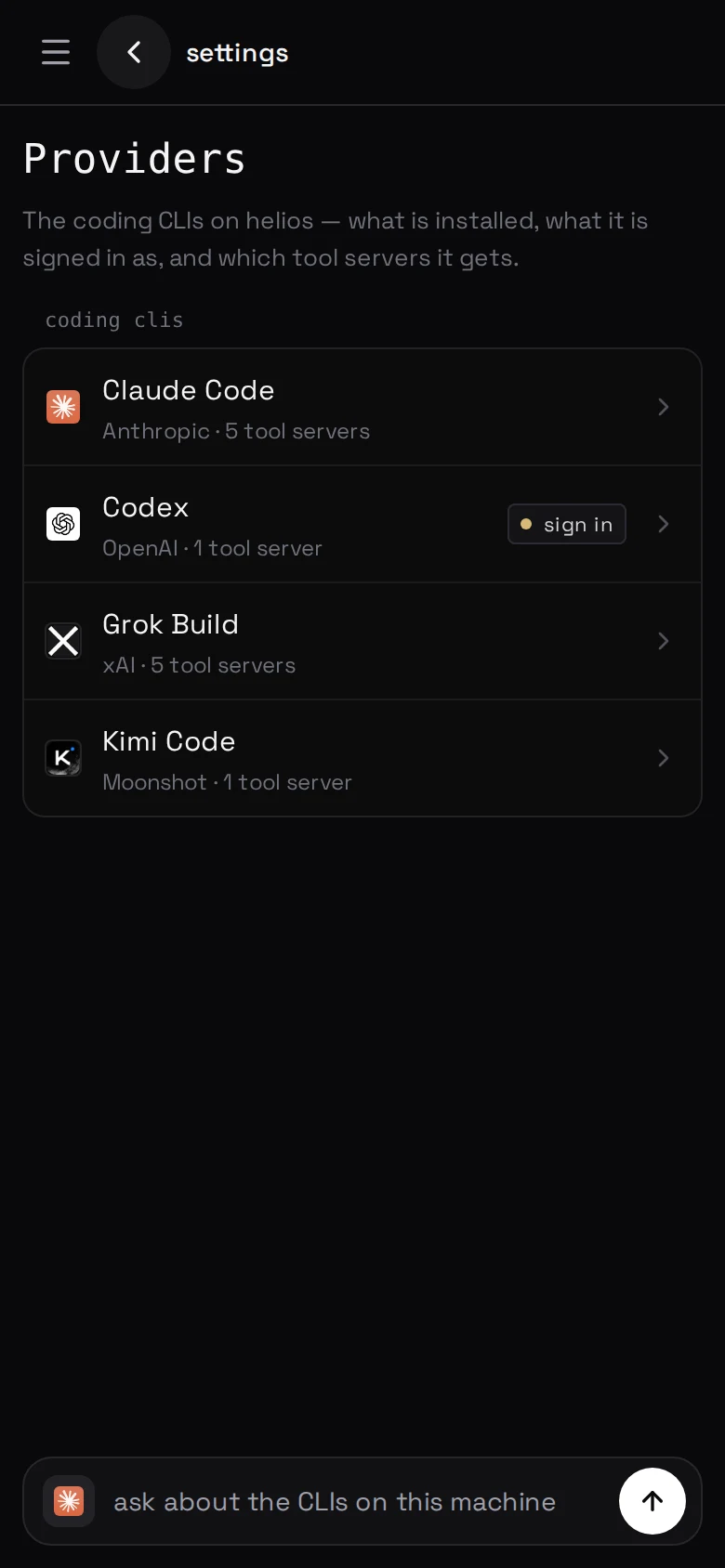 settings → providers — four agent CLIs, one of them waiting to be signed in