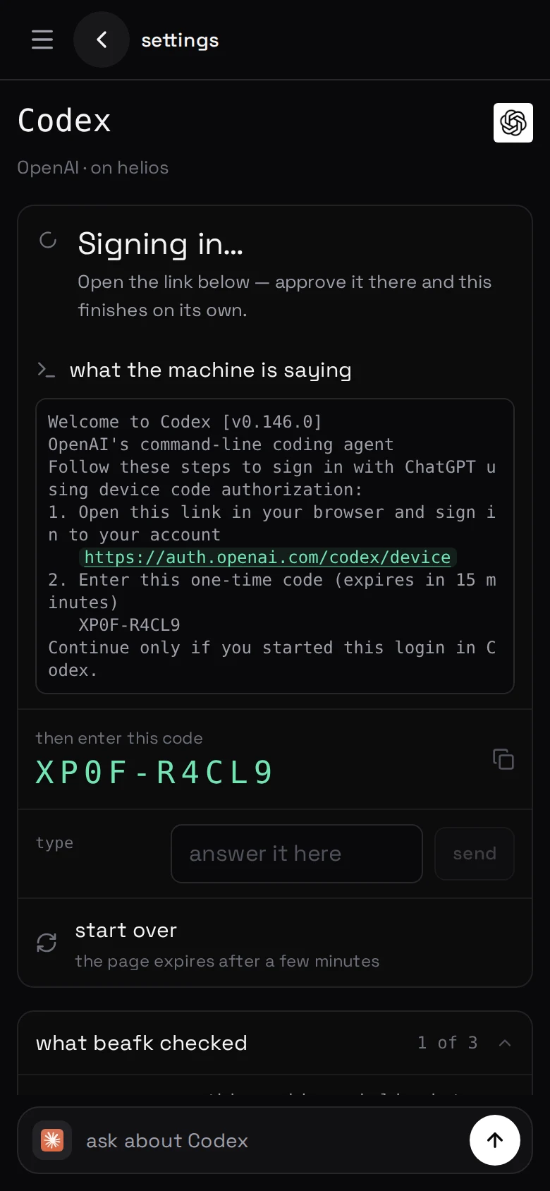 a sign-in in flight — what Codex printed, the link live in it, and the code in a row of its own