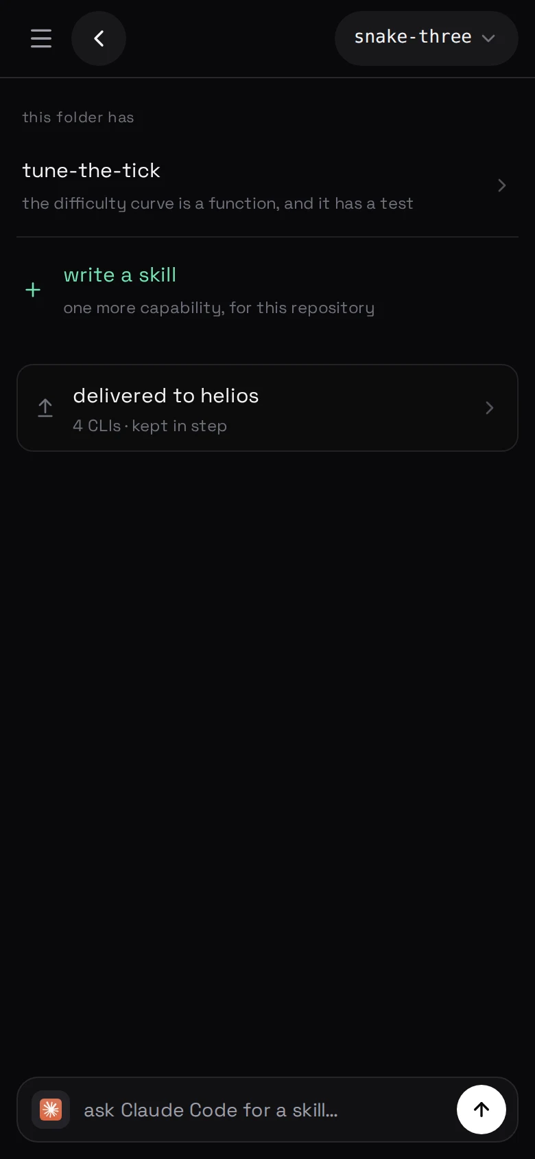 settings → skills — this folder's pages, and a row for what has been delivered to the CLIs on this machine