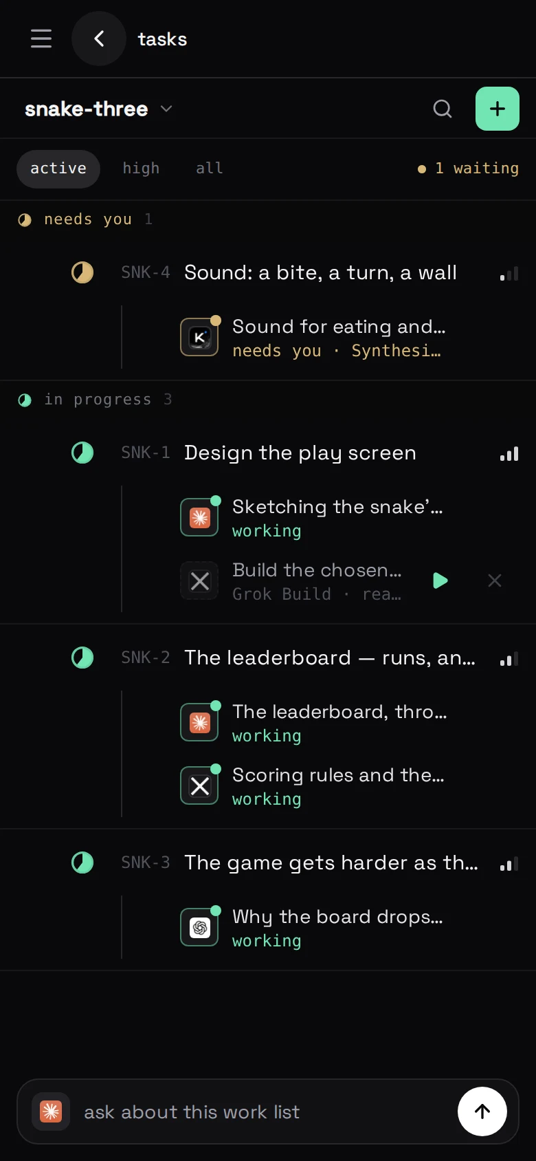 the tasks screen — a project's list, with the chats under each row